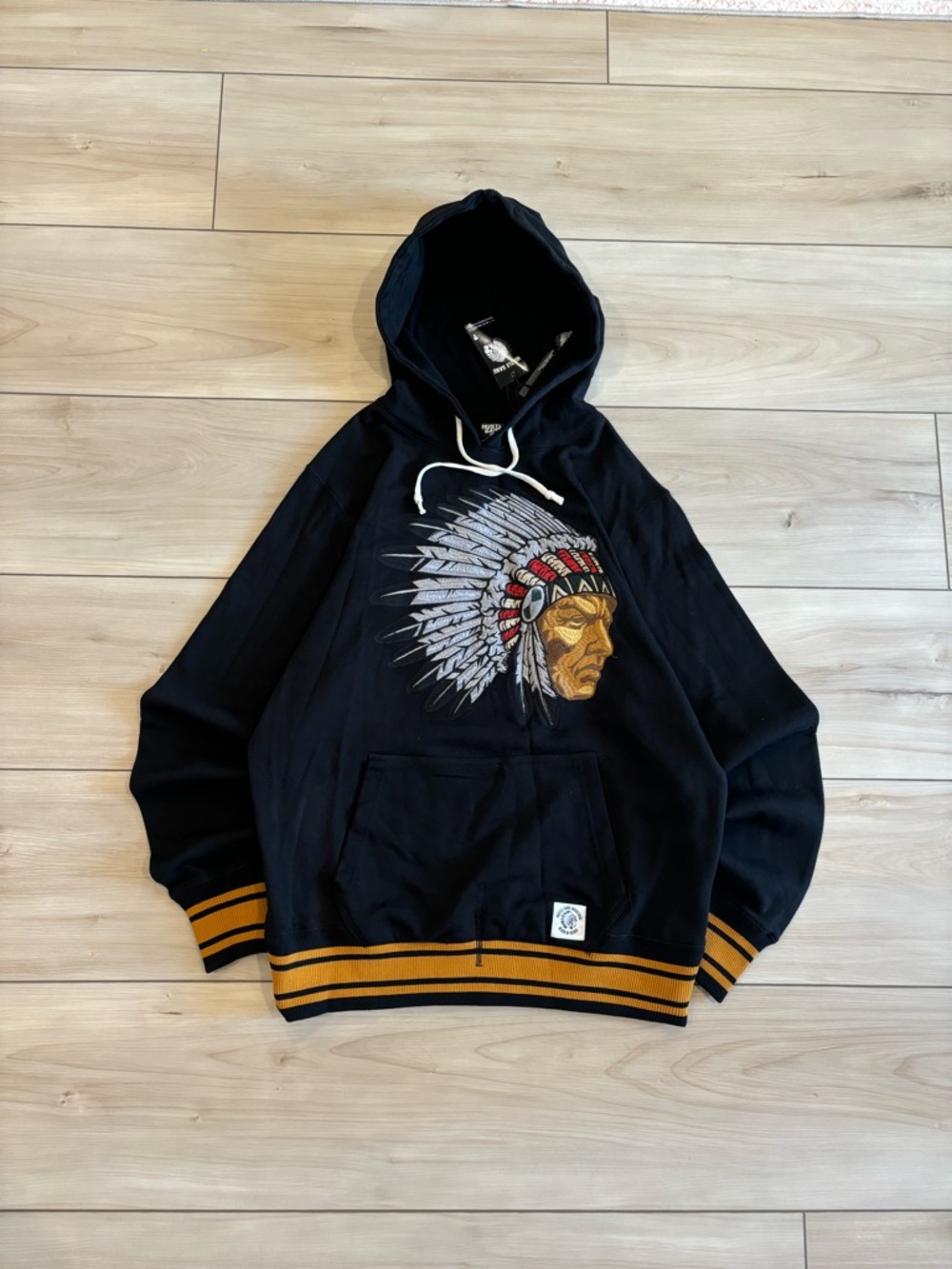 Hustle Gang Black Hoodie with Embroidered Native Chief and Gold Trim
